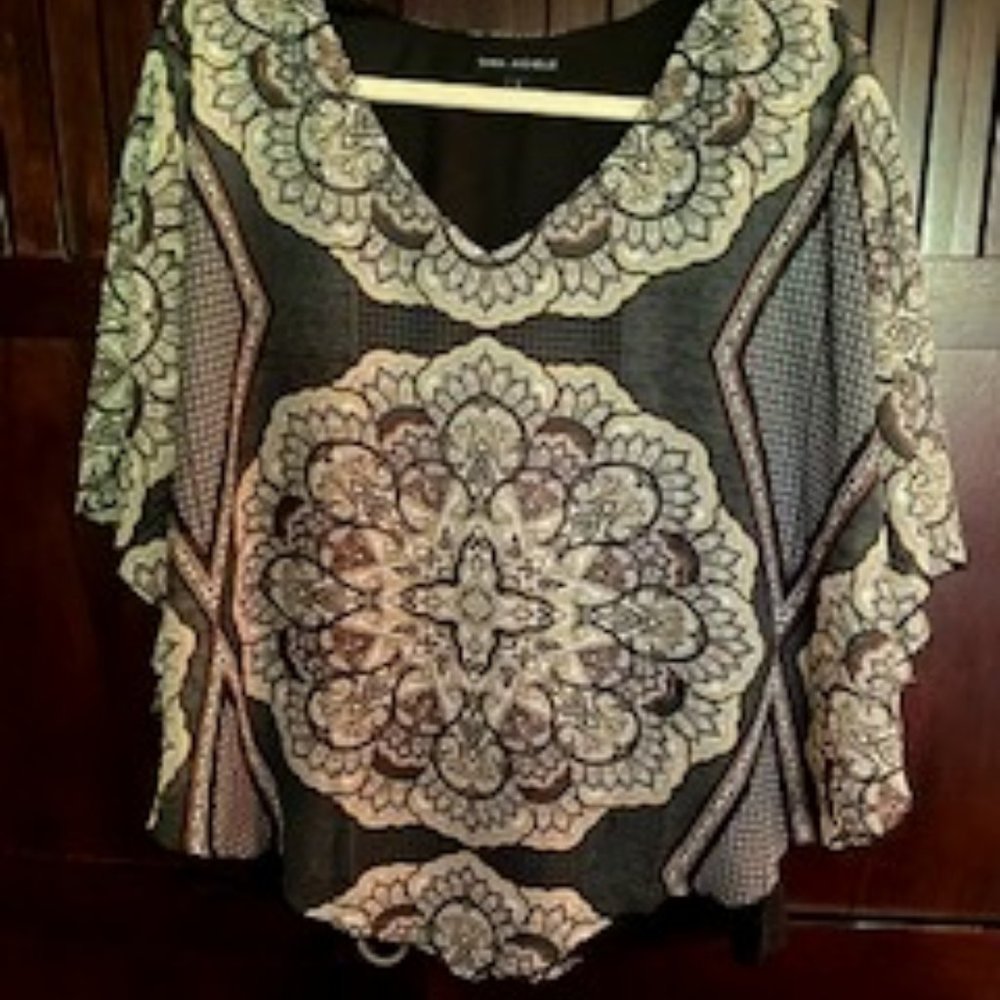 Sara Michelle brown/black/tan dressy top, size L